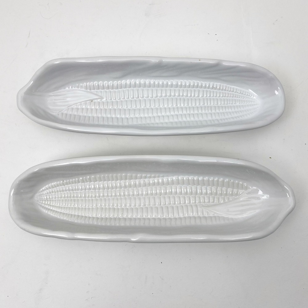 Lillian Vernon China Embossed Corn on the Cob Dishes Serving Boat Set of 2 White